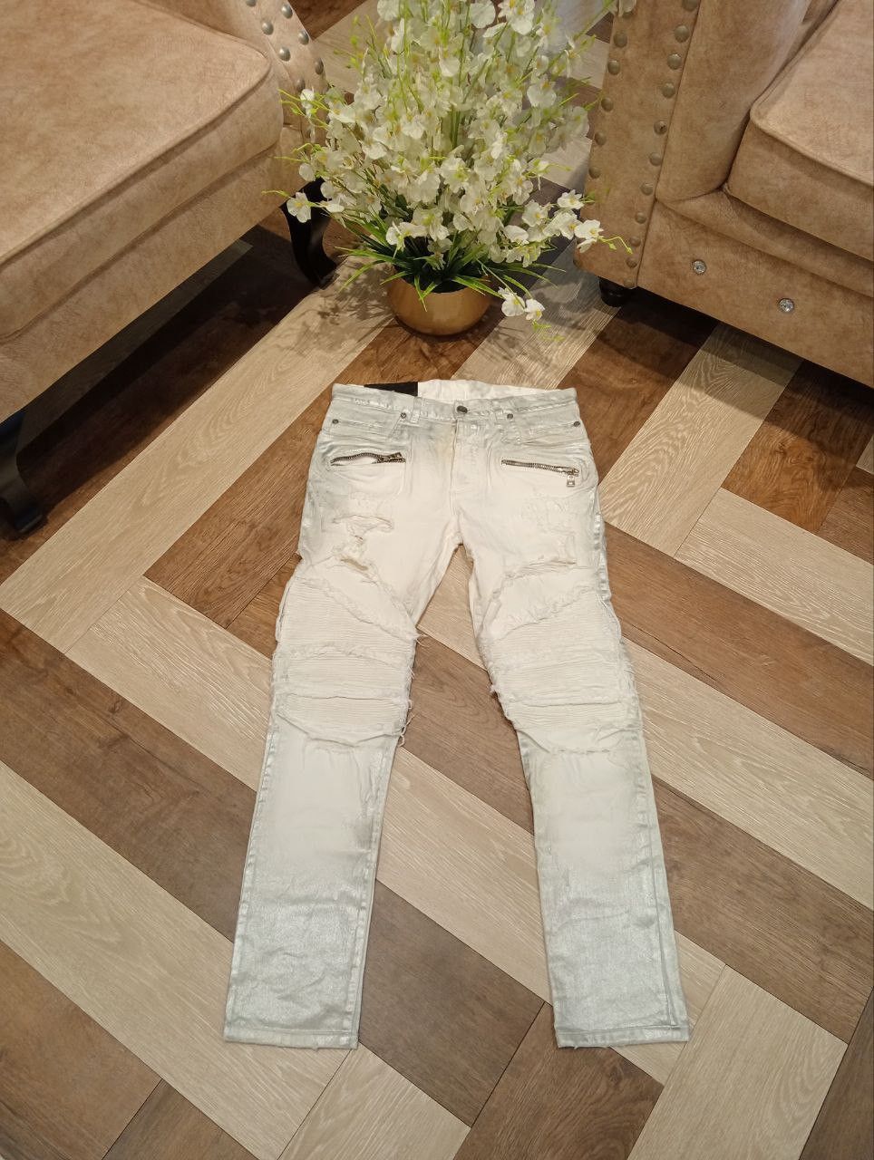 Balmain Balmain Paris Slim Metallic White Biker Jeans Size US 29 - 1 Thumbnail