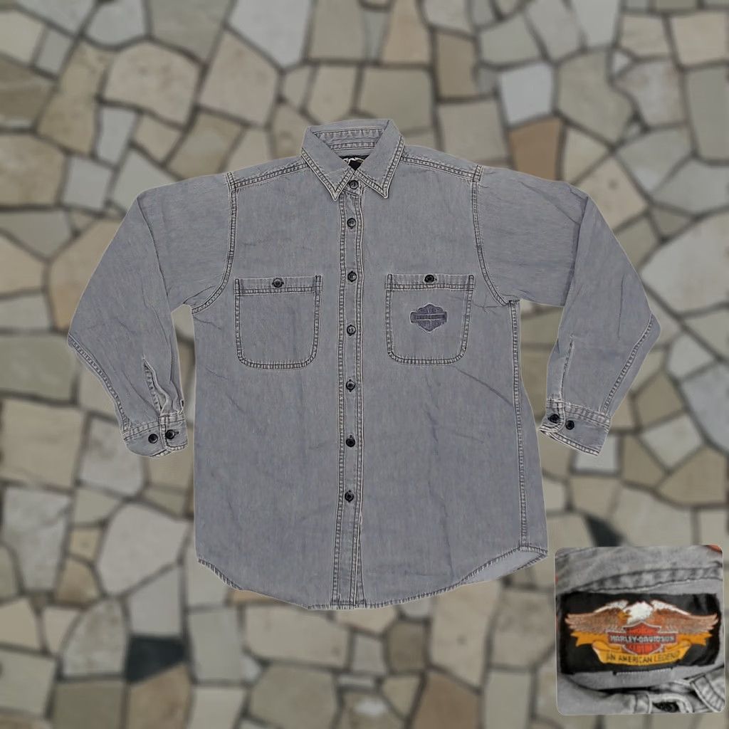 Harley Davidson VINTAGE Harley Davidson Womens Medium Button Up Shirt Gray Y2K Oversized Embroidered Size M / US 6-8 / IT 42-44 - 1 Thumbnail