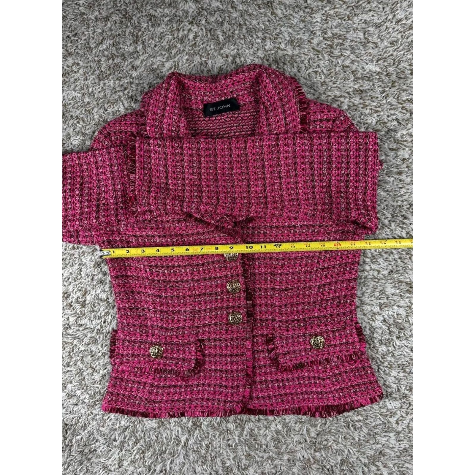 St. John St. John Collection Blazer Jacket Sz S Pink Bouclé Knit Fringe Trim Gold Buttons Women Size S / US 4 / IT 40 - 6 Thumbnail