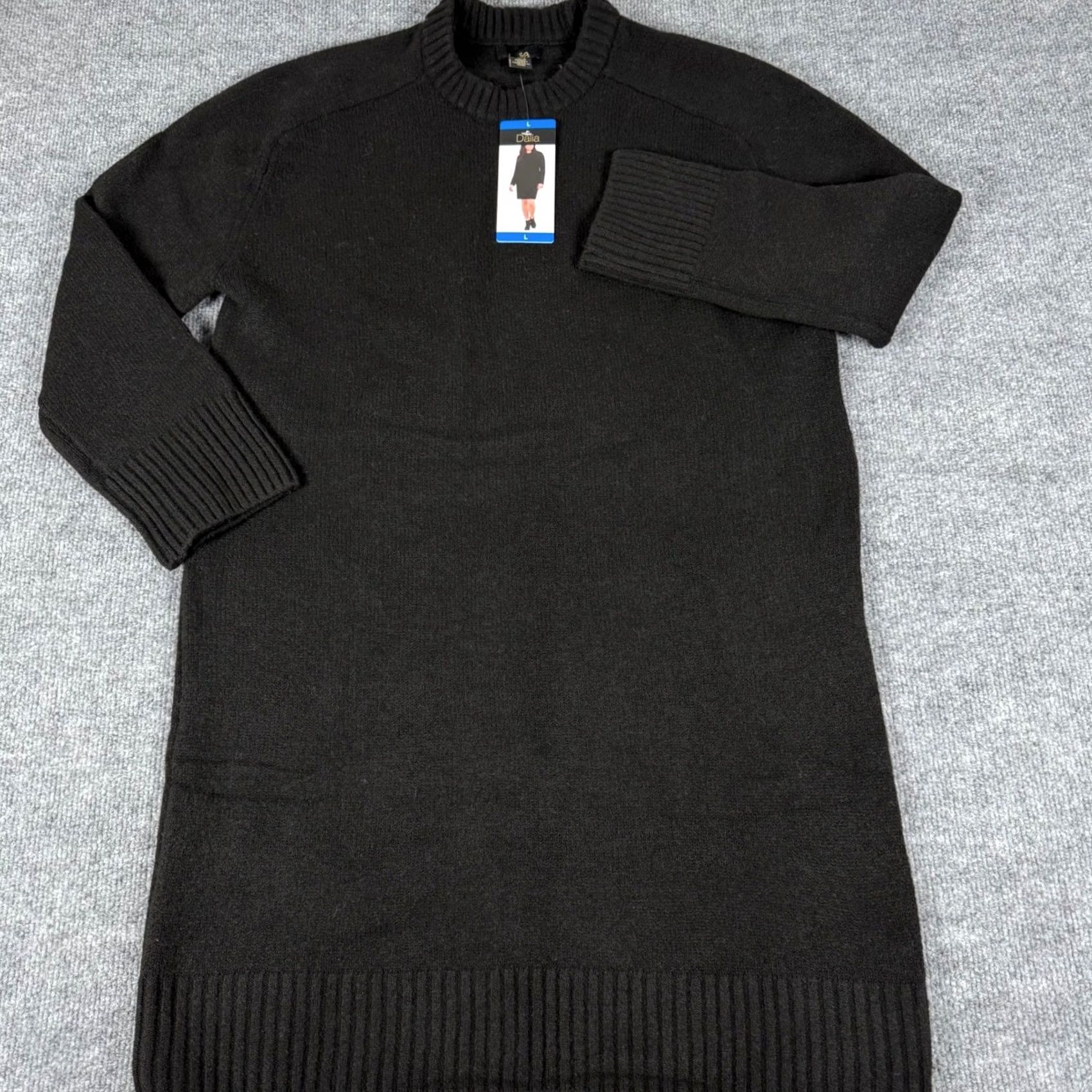 Vintage Dalia Sweater Dress Black Knit Midi Mock Neck Long Sleeve Wool Blend 80s Womens Size L / US 10 / IT 46 - 2 Thumbnail