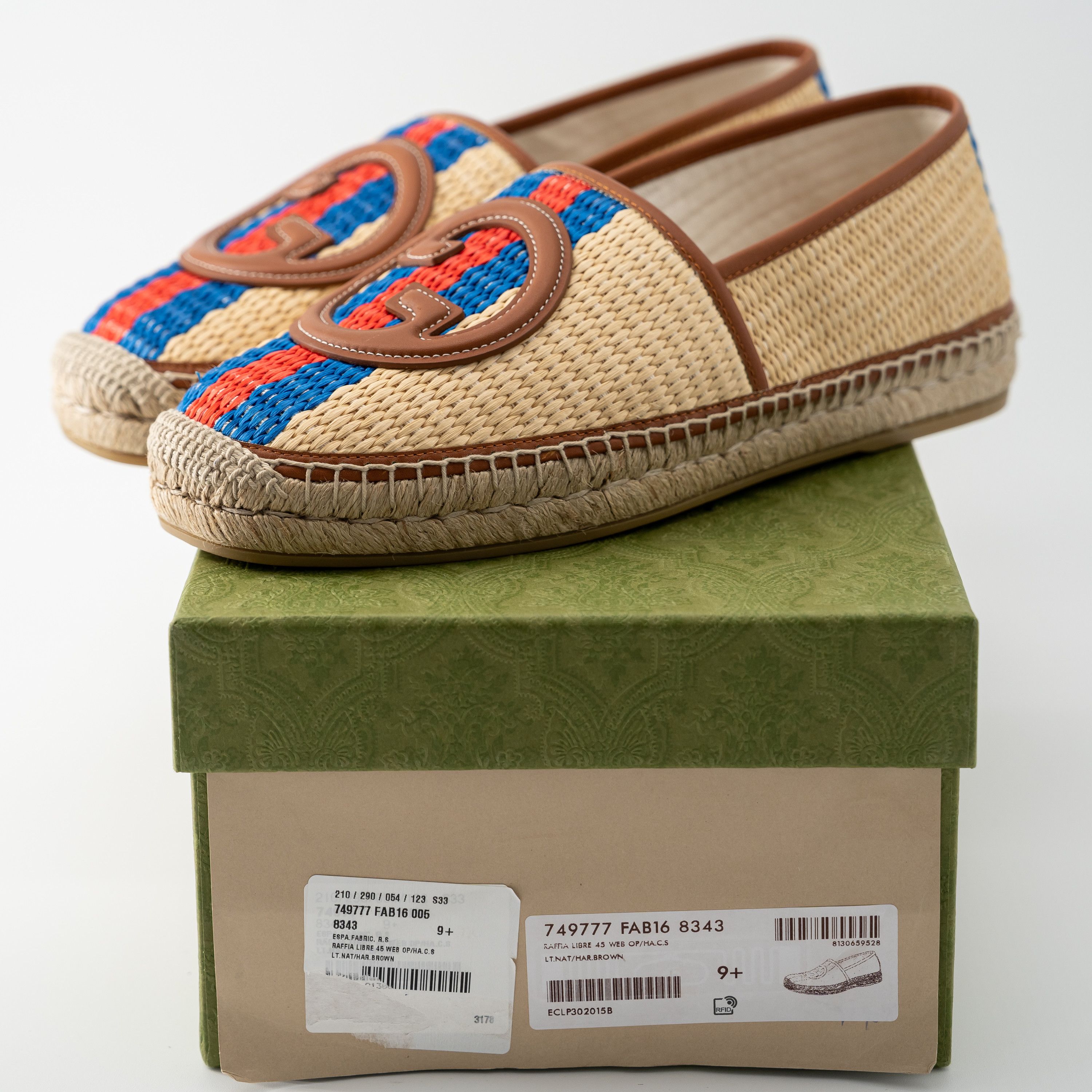 Gucci 9.5G Gucci Brown Raffia GG Espadrilles Red Blue Stripe Size US 10 / EU 43 - 8 Thumbnail