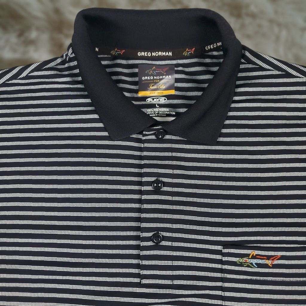 Vintage Greg Norman Polo Shirt Mens L Black Striped Shark Golf Casual Short Sleeve Polo Size US L / EU 52-54 / 3 - 1 Thumbnail