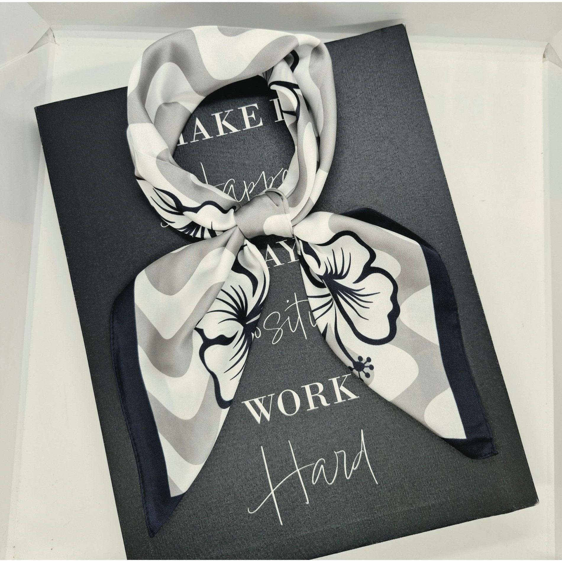 Other Elegant white Scarf With Gray Flower for Women Silk Appearan Size ONE SIZE - 2 Thumbnail