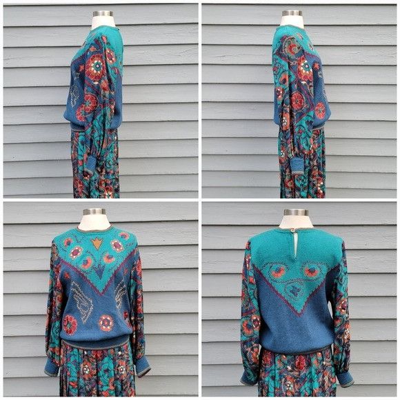 Vintage Vintage 80s Anne Crimmins Floral Silk Pleated Skirt Appliqué Size 32" / US 10 / IT 46 - 3 Thumbnail