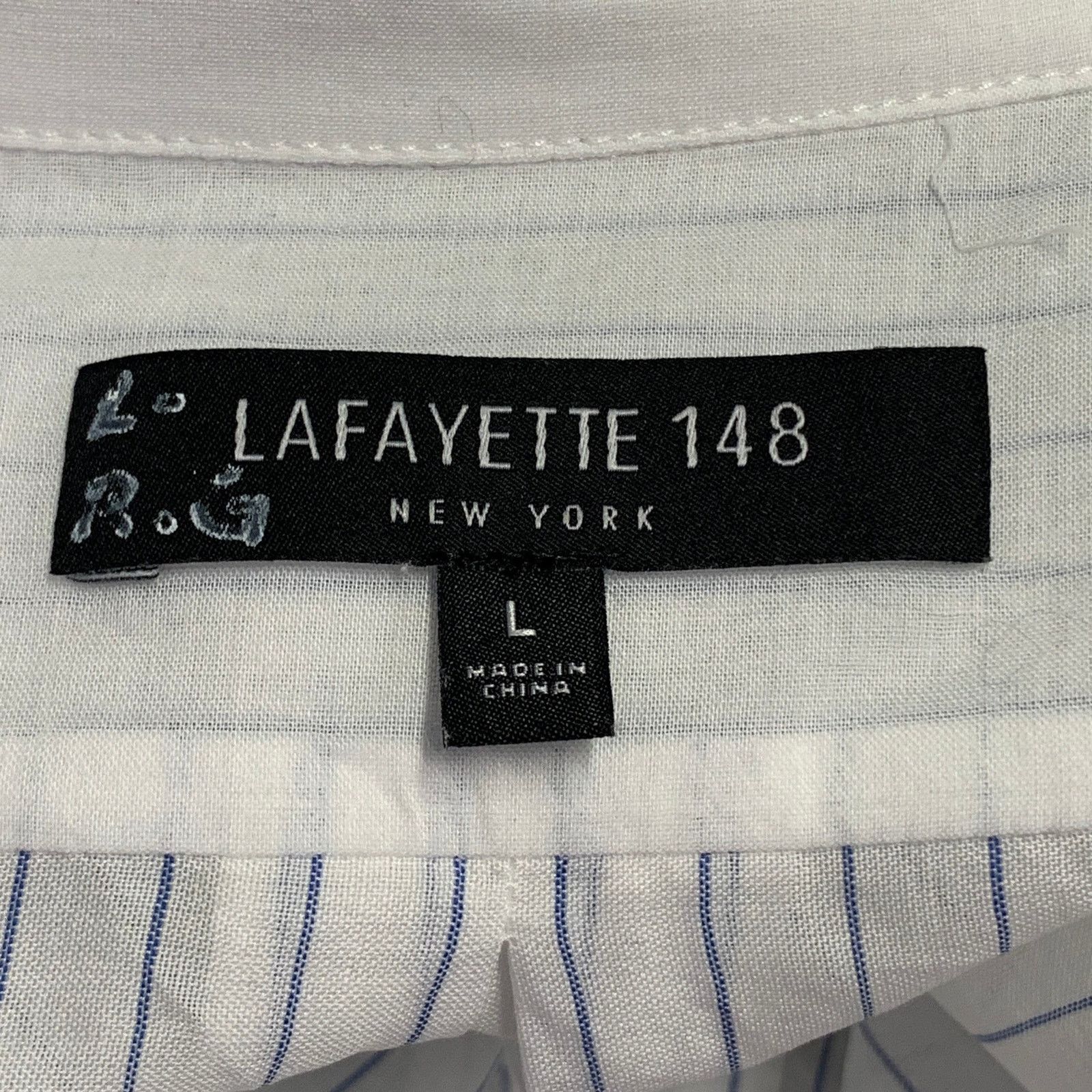Size L White Blue Cotton Pinstripe Sheer Spread Collar Shirt