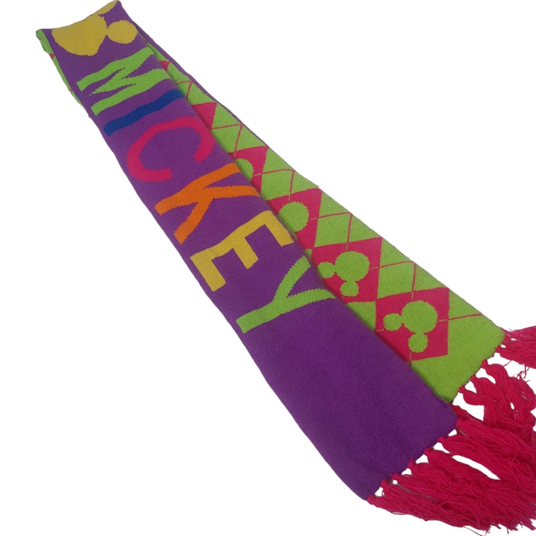 Disney Walt Disney Parks I Love Mickey Scarf Reversible Argyle Diamond Knit 78" Womens Winter Fringe Multicolor Size ONE SIZE - 4 Thumbnail