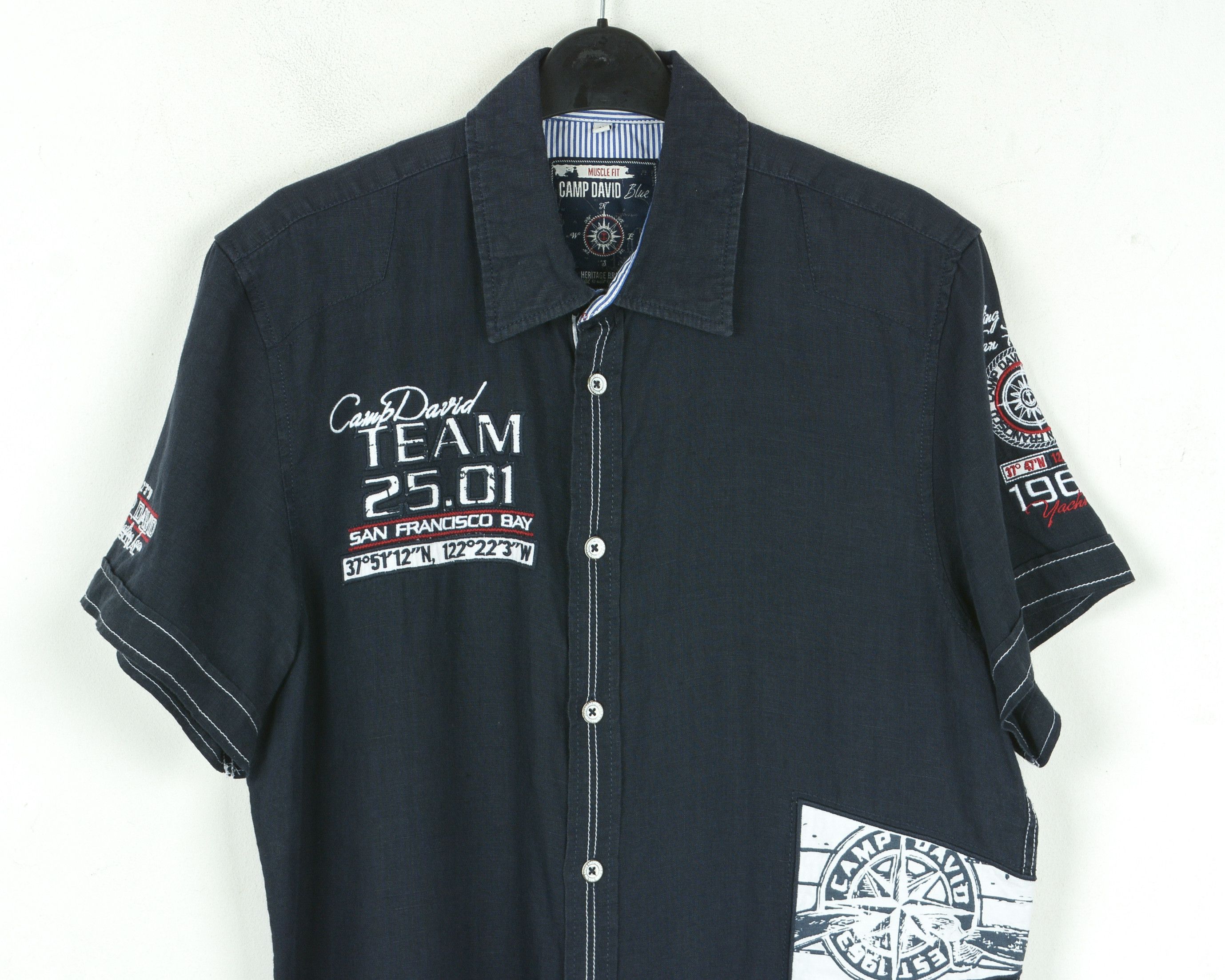 Camp David Linen Shirt M Muscule Fit ShortSleeve Casual Embroidery Flax Size US M / EU 48-50 / 2 - 9 Thumbnail
