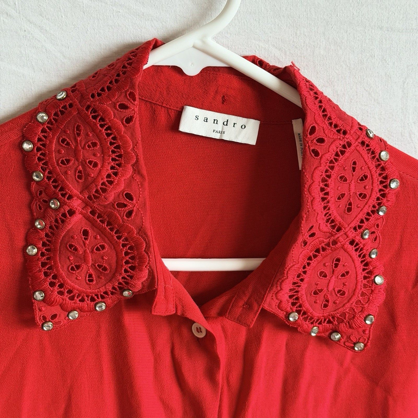 Sandro Sandro Paris Red Embellished Collar Blouse Sz 2 100% Viscose Size M / US 6-8 / IT 42-44 - 6 Thumbnail