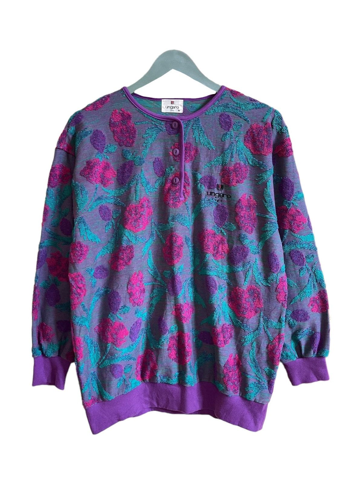 image of Emanuel Ungaro Ungaro Paris Embroidery Floral Design Half Button Sweatshirt in Purple (Size Medium)