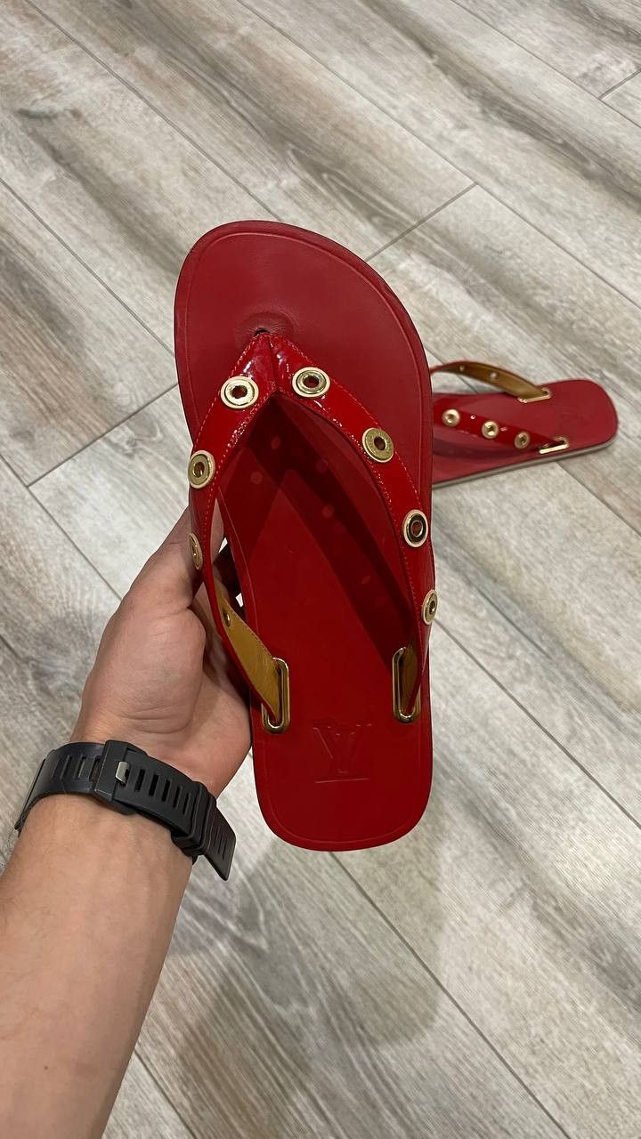 Louis Vuitton Louis Vuitton Red Leather Flip Flops Sandals Gold Studded Size US 10 / IT 40 - 8 Thumbnail