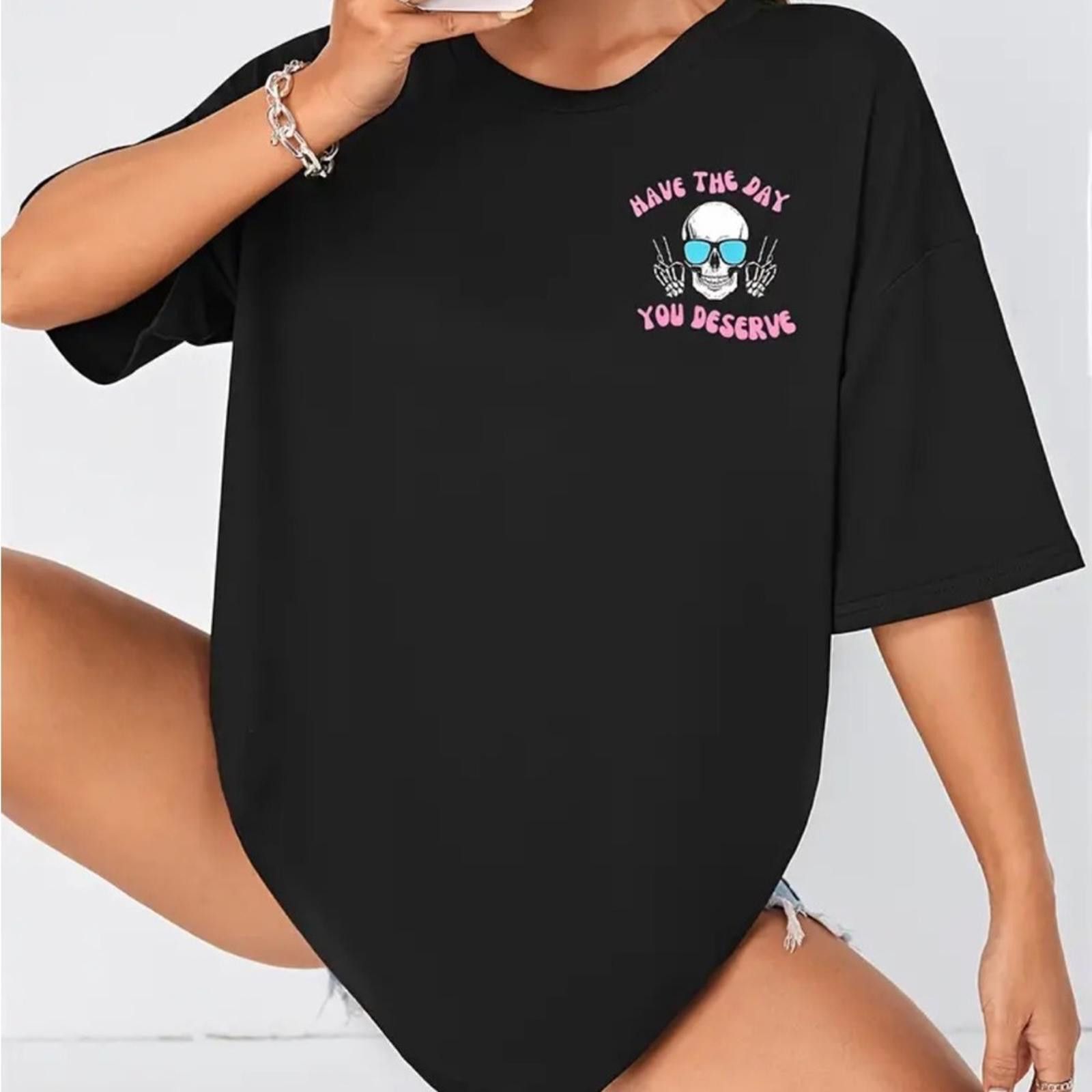 Designer Skull Print Black T-Shirt NWT Size L / US 10 / IT 46 - 2 Thumbnail