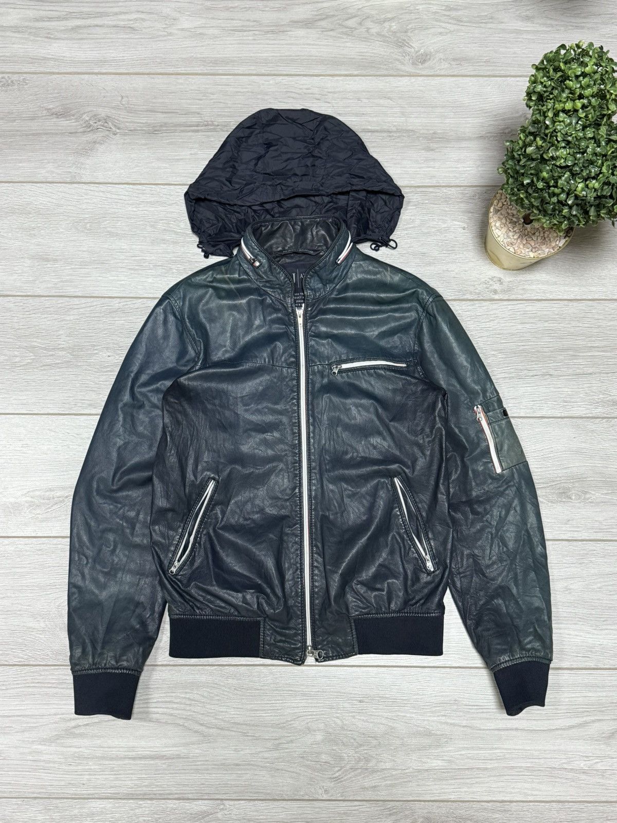 Armani Armani Jeans leather ovina Calf leather hooded jacket zip Size US S / EU 44-46 / 1 - 1 Thumbnail