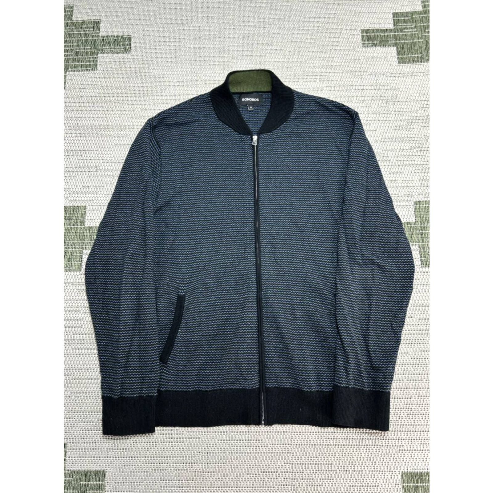 Bonobos Bonobos Bomber Jacket Mens XL Blue Full Zip Striped Knit Cotton Cashmere Jacket Size US XL / EU 56 / 4 - 2 Thumbnail