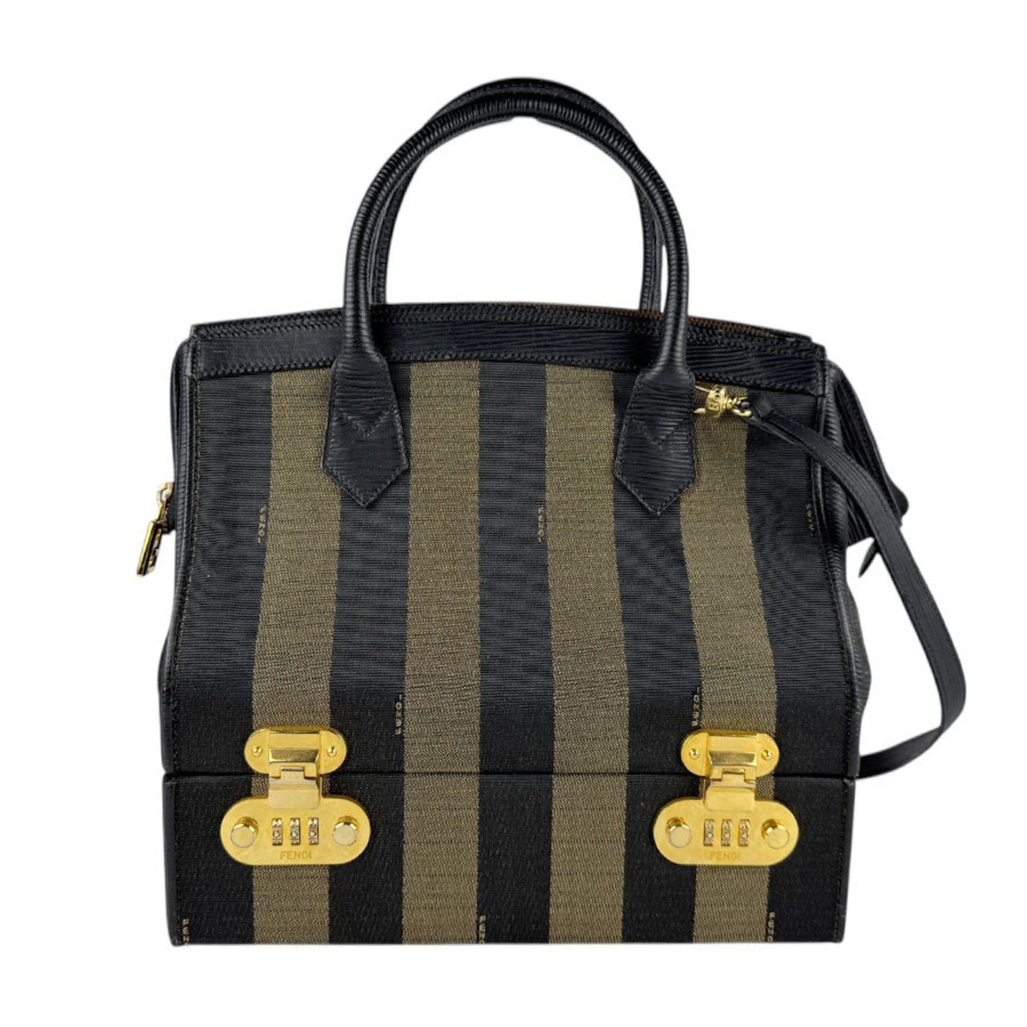 Fendi Handbag Shoulder Bag Makeup Box Pecan Canvas Leather Brown Black Gold Women's Z4906