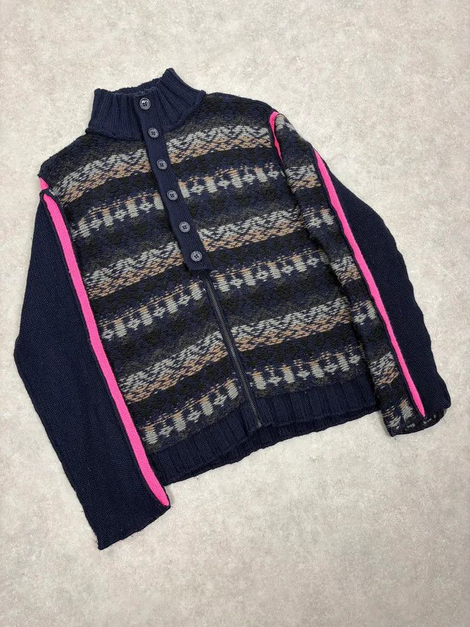 Dolce & Gabbana 2000s Dolce & Gabbana Navy Abstract & Pink Wool Zip-up Sweater Size US M / EU 48-50 / 2 - 4 Thumbnail