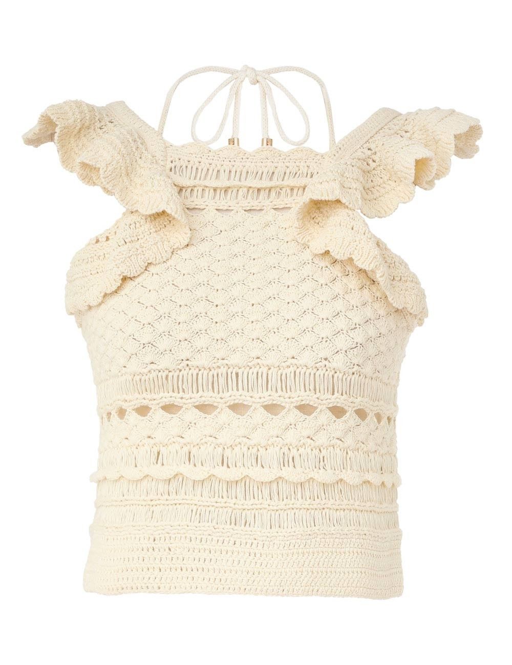 Zimmermann oc11z0525 Waverly Crochet Halter Tank Top in Beige Size L / US 10 / IT 46 - 1 Thumbnail