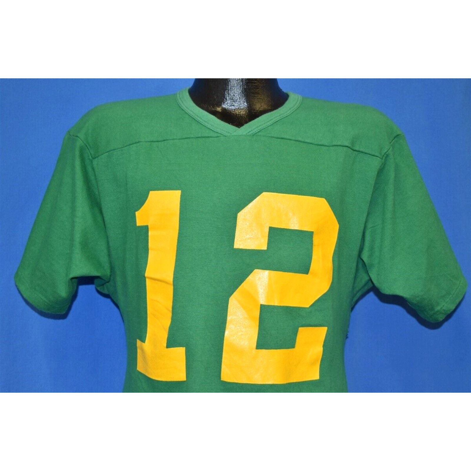 image of Vintage 70's Jersey 12 Green Athletic Sport V Neck 2 Sided Usa Made T-Shirt S in White (Size Small)