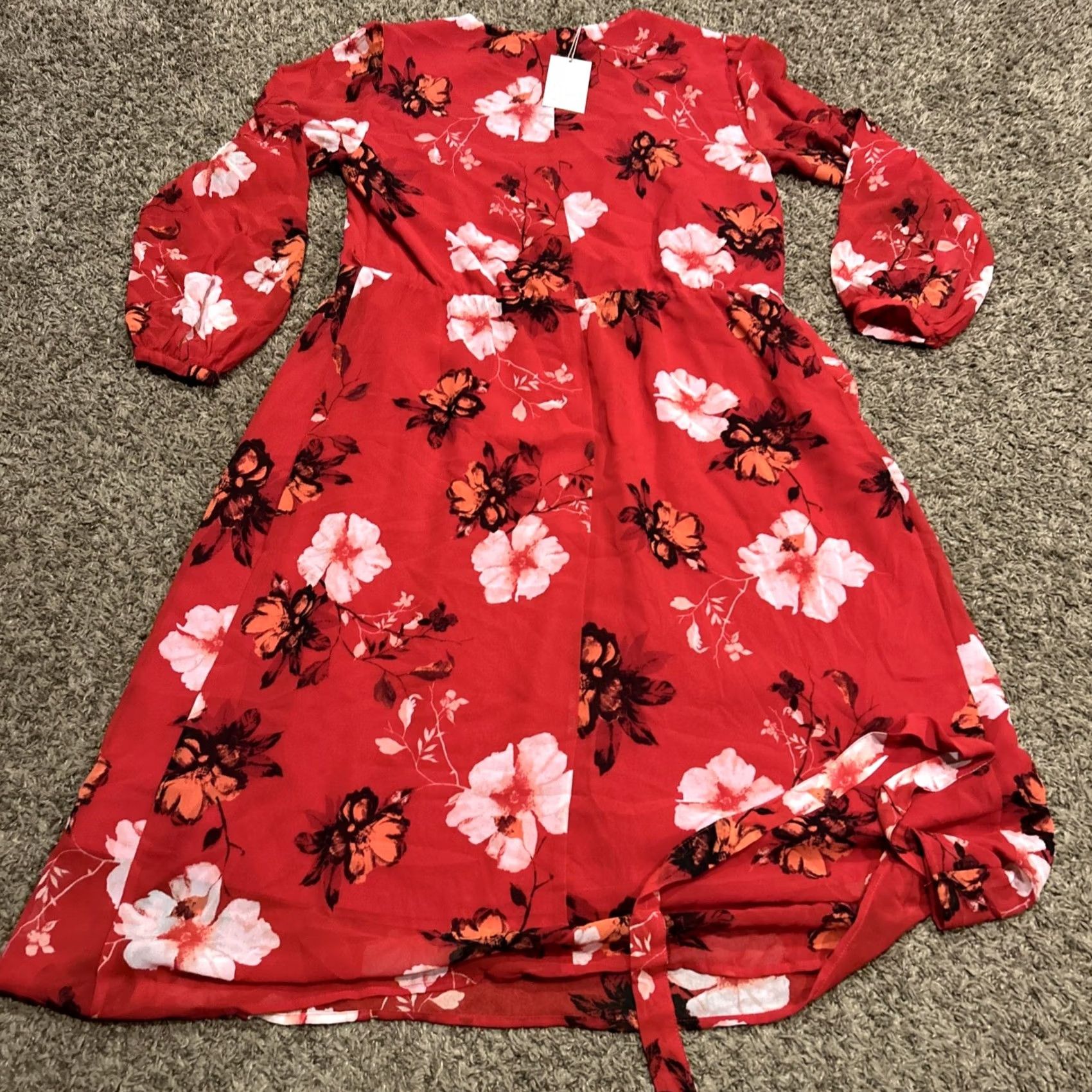 Vintage A New Day Women’s M Red Floral Polyester Lined Belted NWT A-Line Midi Dress Size M / US 6-8 / IT 42-44 - 3 Thumbnail