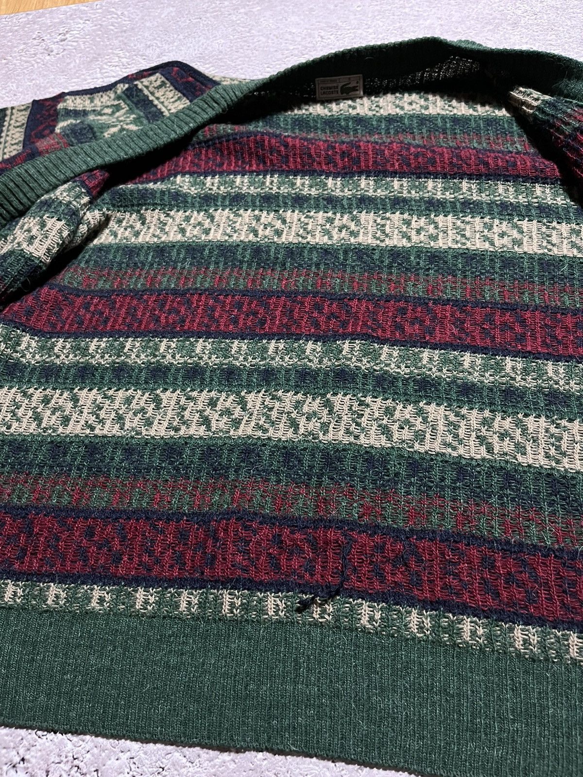 Lacoste × Vintage Vtg Lacoste Fair Isle Knit Cardigan Green Red Alpaca Wool Size US L / EU 52-54 / 3 - 11 Thumbnail