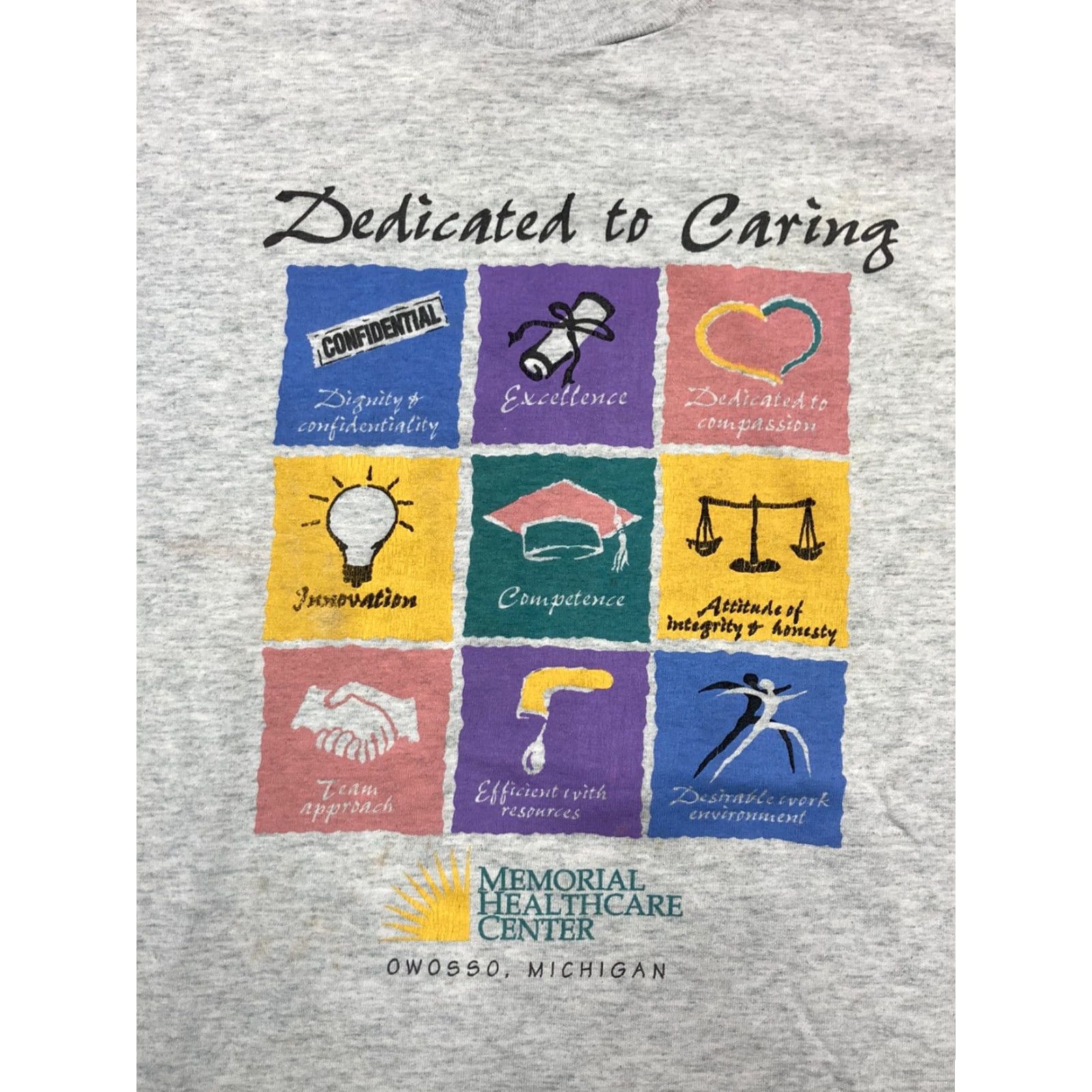 Vintage VINTAGE 90s Dedicated to Caring Graphic T Shirt Single Stitch Owosso Michigan XL Men Gray Size US XL / EU 56 / 4 - 2 Thumbnail