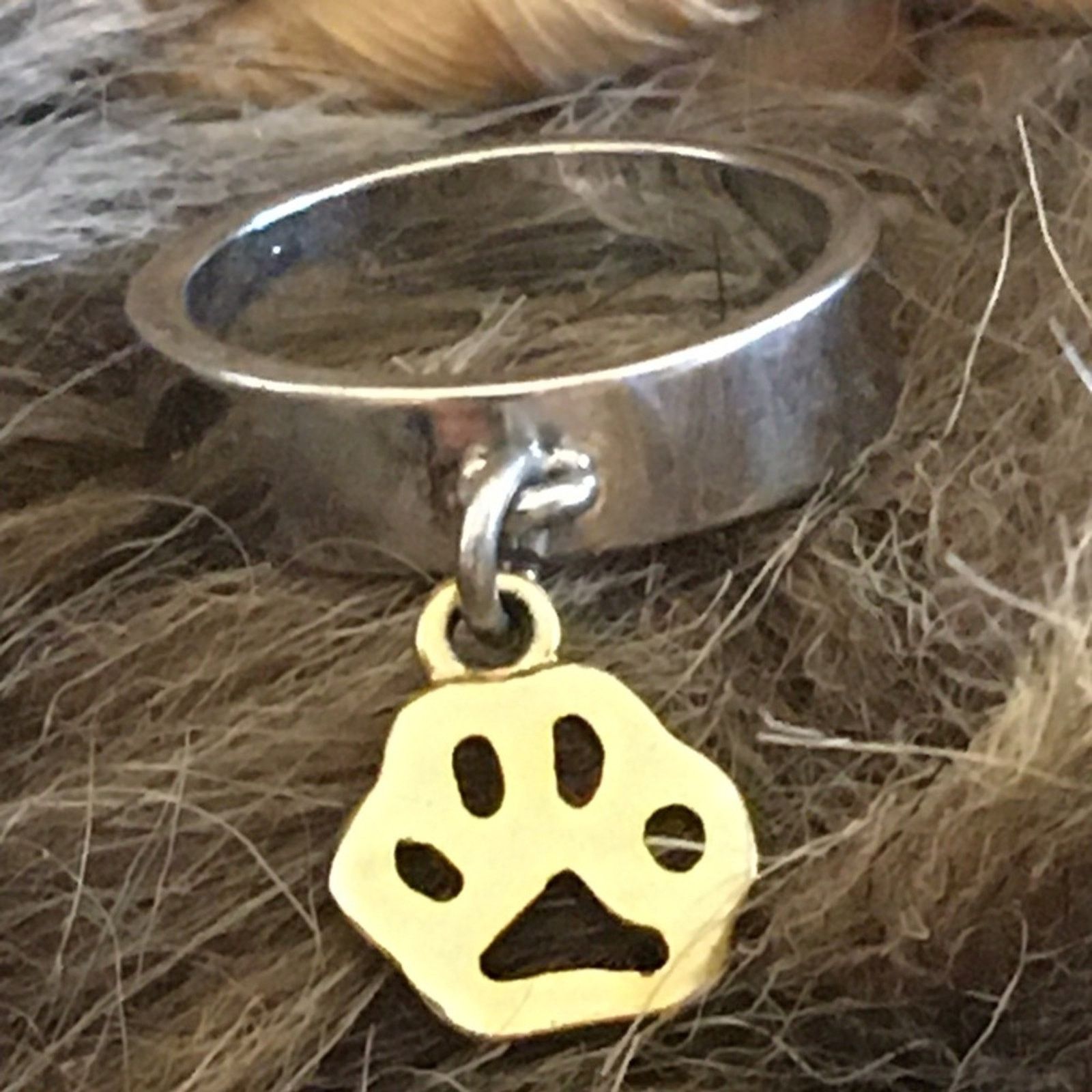 Jewelry Silver Band With Gold Paw Print Charm Ring, Women's