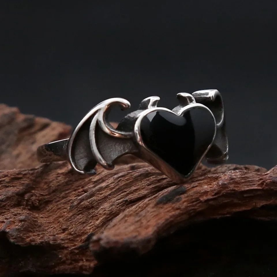 Jewelry Angel Demon Wings Black Heart Ring Jewelry Fashion Gift Size ONE SIZE - 7 Thumbnail