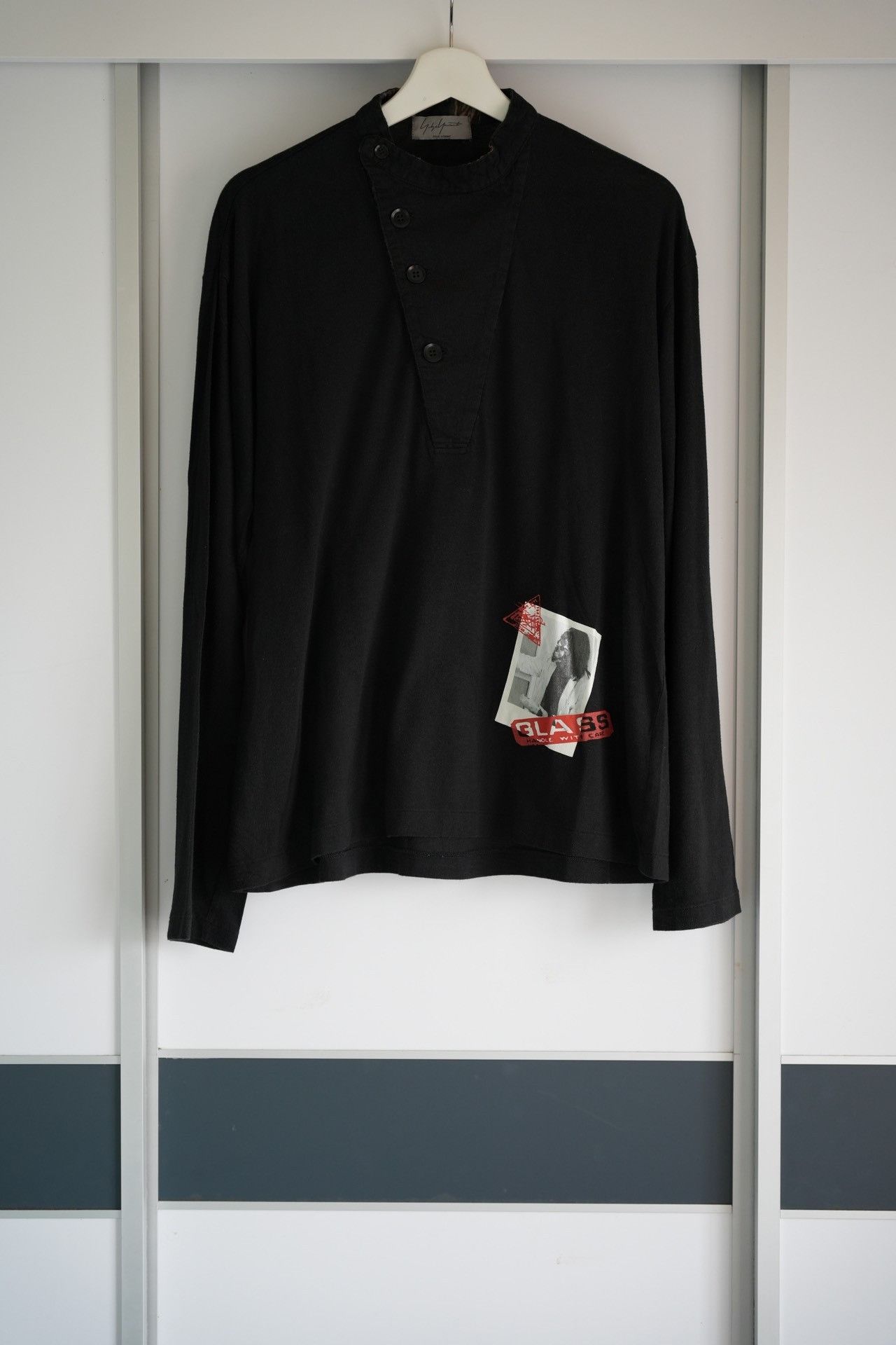 image of Yohji Yamamoto 14Aw Skeleton Polaroid Henley Neck T-Shirt in Black, Men's (Size Large)