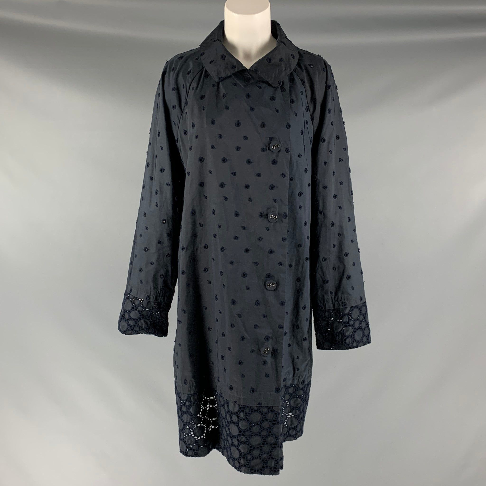 image of Issey Miyake Navy Polyester Eyelet Double Breasted Coat, Women's (Size XL)