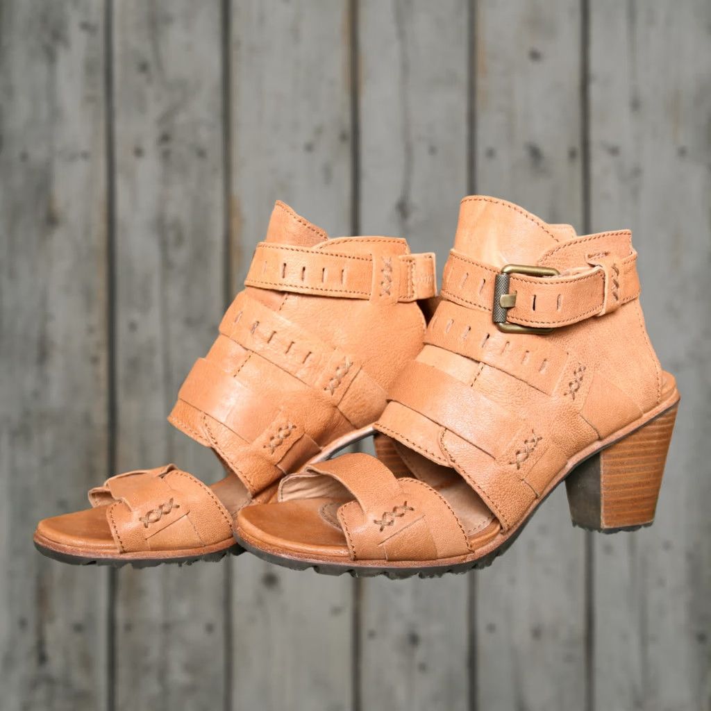 SOREL SOREL Nadia Camel Brown Leather 3" Stacked Heel Buckle Strap Sandals Sz 7.5 Womens Sandal Strappy Leather Heel 3" Brown 7.5 Size US 8 / IT 38 - 1 Thumbnail