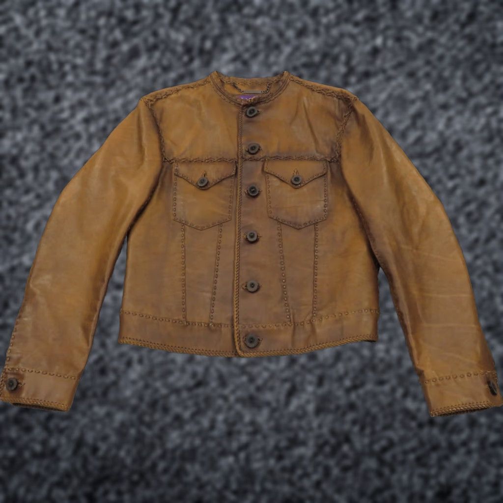 VINTAGE Ralph Lauren Purple Label Leather Jacket Men Small Brown Braided Calf Skin ITALY