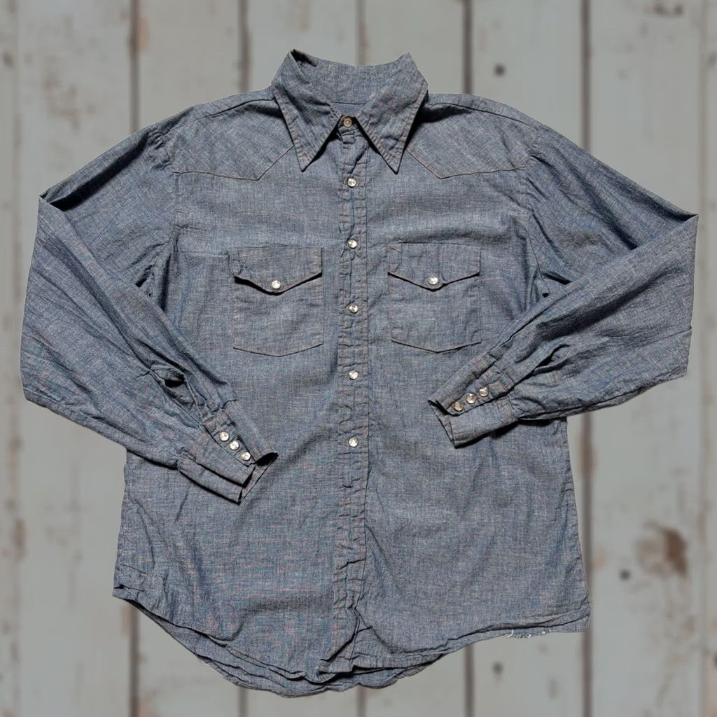 Vintage VINTAGE Big Mac Shirt Unisex Adults Long Sleeve Blues Cotton Chambray Snap Work Ranch Barn 70s Western 100% Selvedge L Size US L / EU 52-54 / 3 - 1 Thumbnail