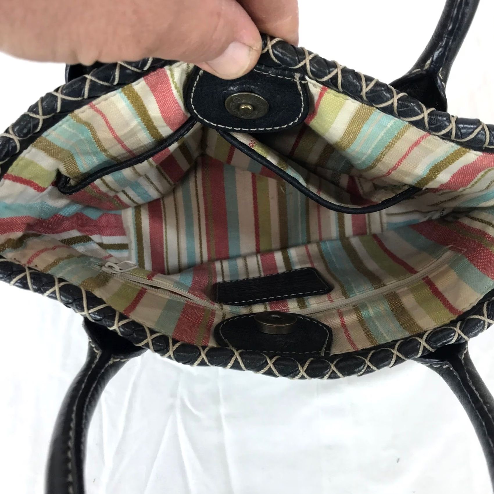 Fossil Fossil Black Woven Whipstitched Pebbled Leather Satchel Handbag Size ONE SIZE - 4 Thumbnail