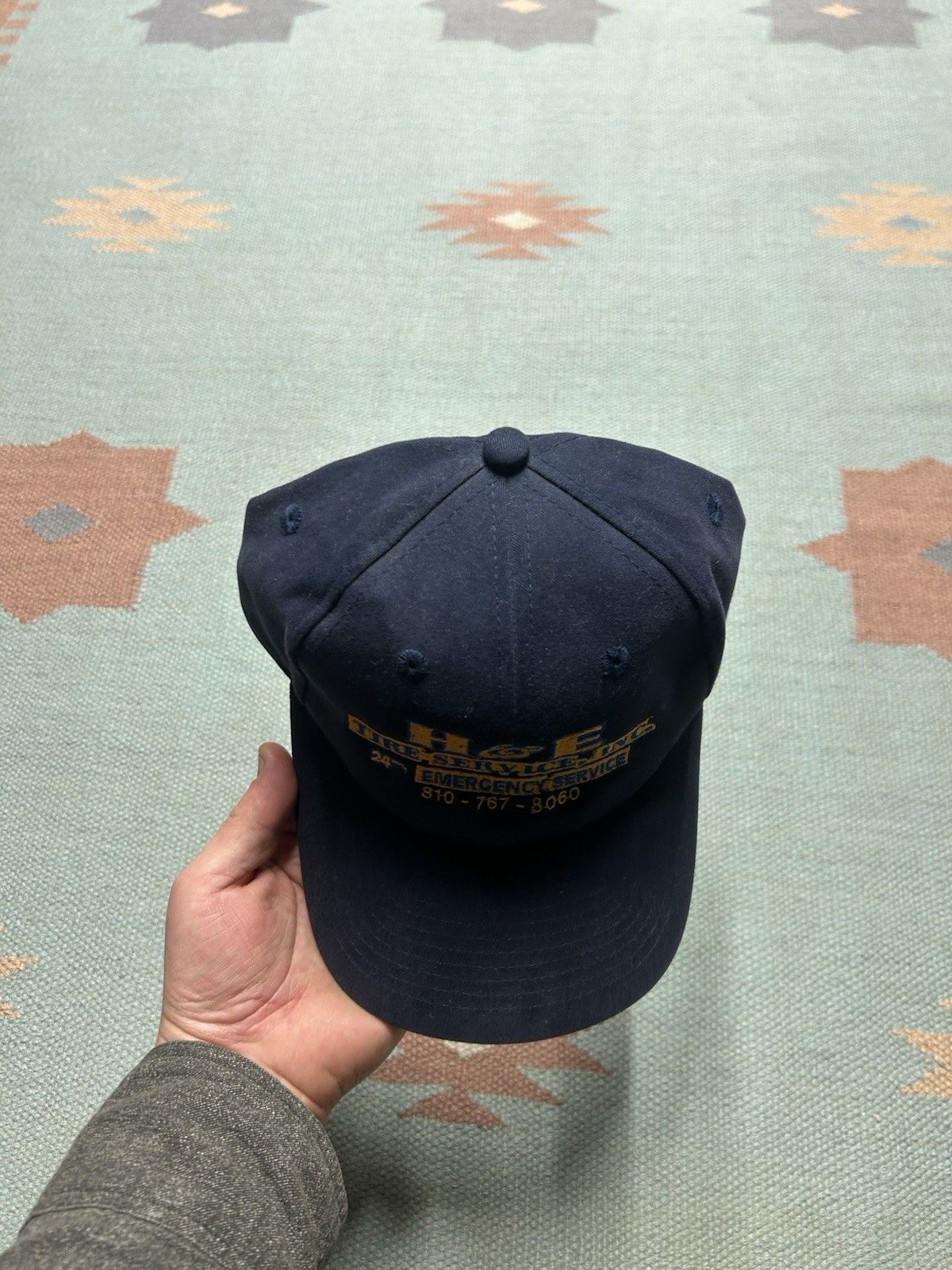 Vintage Vtg SnapBack hat H&E tire service flint Michigan blue yellow Size ONE SIZE - 3 Thumbnail