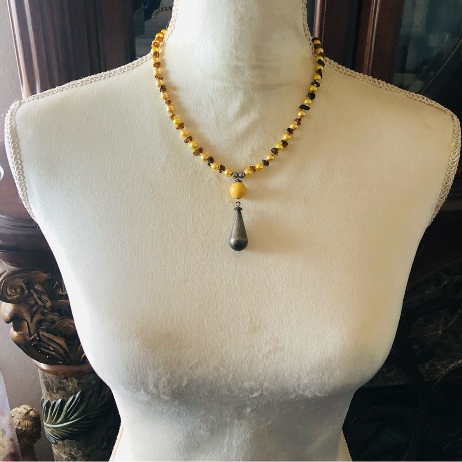Handmade Handcrafted raindrop pendant Czech glass lynx stone necklace Size ONE SIZE - 4 Thumbnail