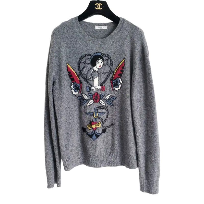 Valentino Valentino Women's Gray Cashmere Graphic Pullover 0089 Size XS / US 0-2 / IT 36-38 - 1 Thumbnail