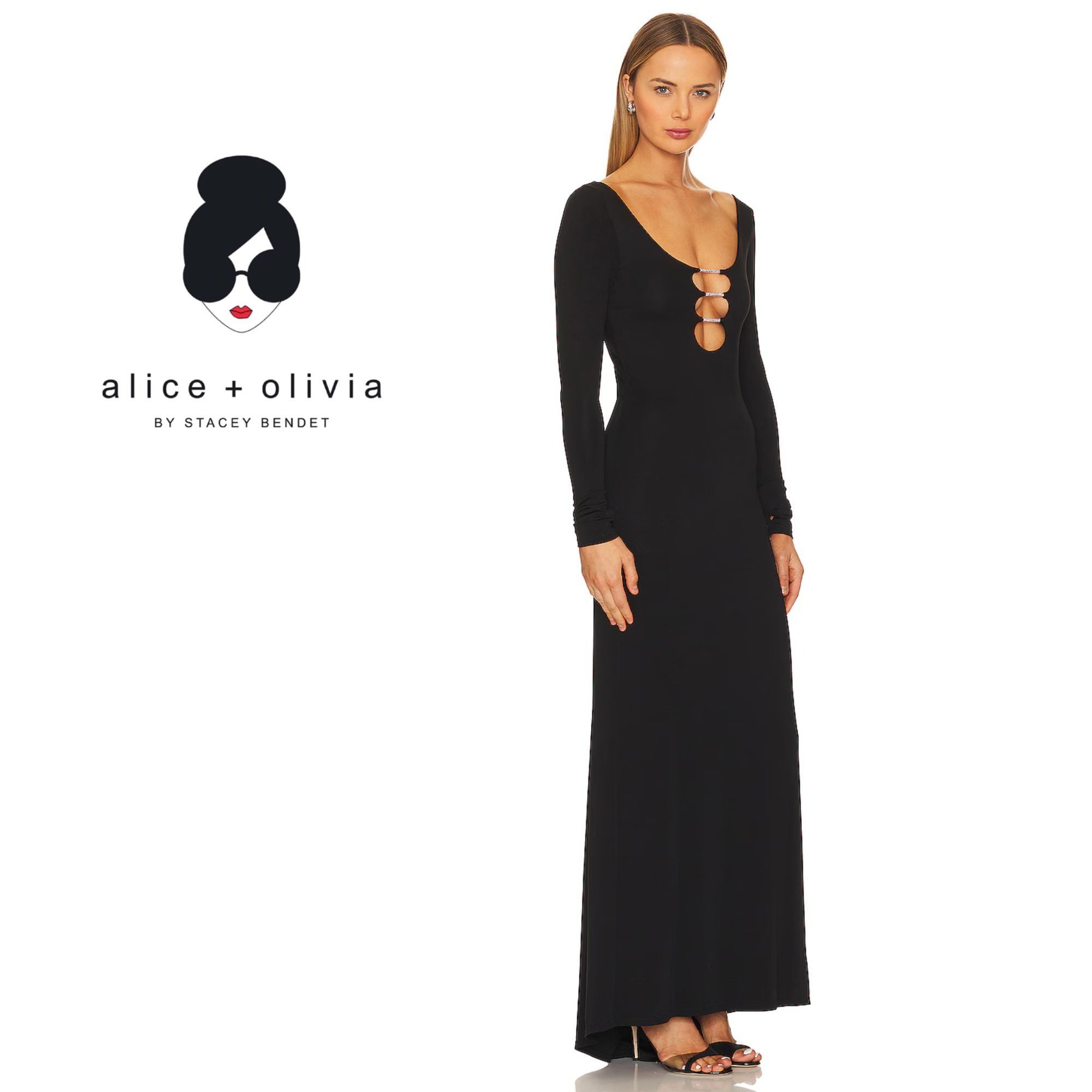 Alice + Olivia Alice + Olivia Kalena Crystal Cutout Black Jersey Maxi Dress Size XS / US 0-2 / IT 36-38 - 1 Thumbnail