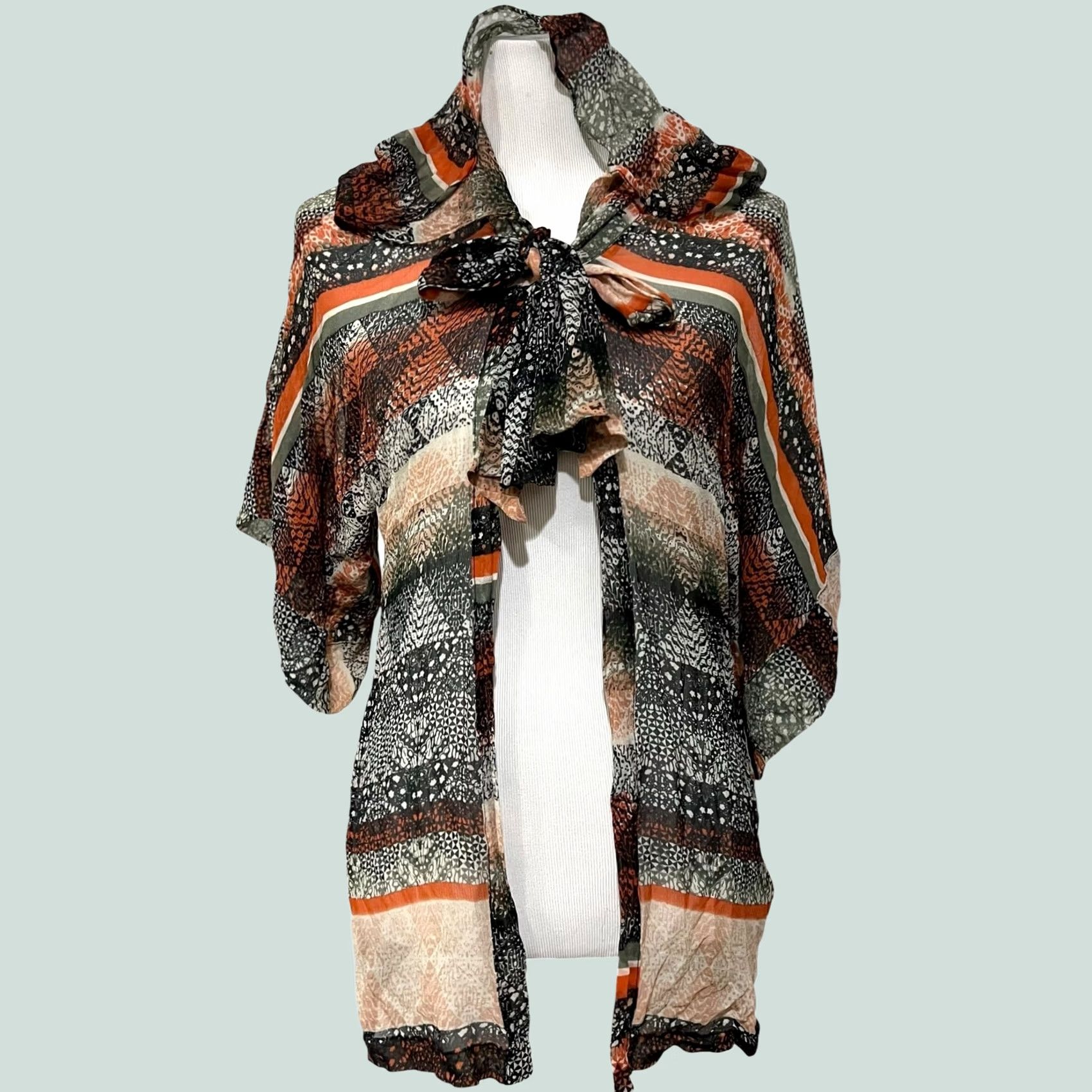 Anthropologie Daughters of the Revolution Anthropologie Blouse Shirt Silk 100% Sheer Top Cardigan Hooded Sz L Womens Multicolor Size L / US 10 / IT 46 - 1 Thumbnail