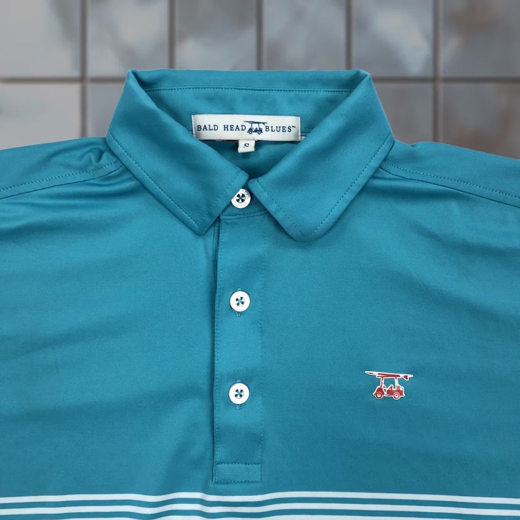 Vintage Bald Head Blues Polo Shirt Men S Teal White Striped Performance Golf Shirt Tee Shirt Polo Size US S / EU 44-46 / 1 - 1 Thumbnail