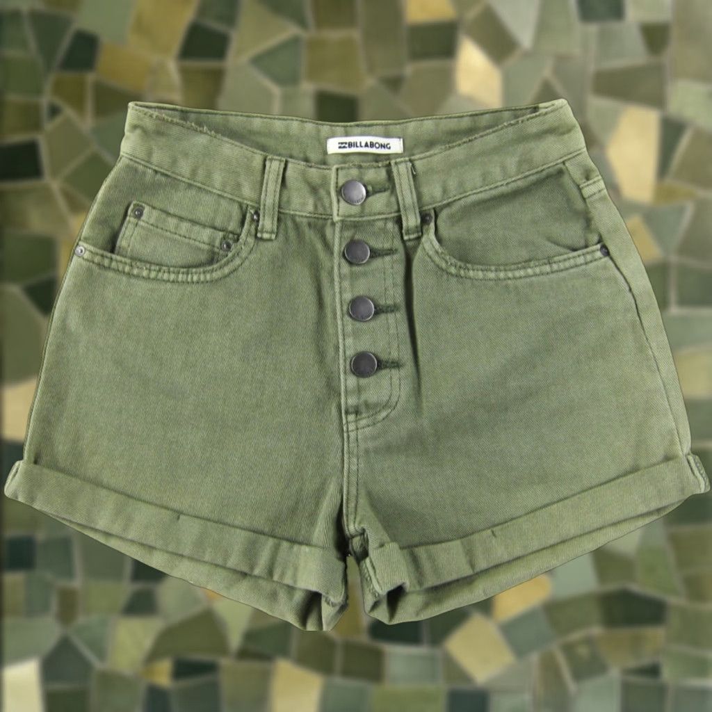 Billabong Billabong Shorts Women 25 Green Cotton Denim Pocket High Rise Rolled Jean 90s Size 42" / US 20 - 1 Thumbnail