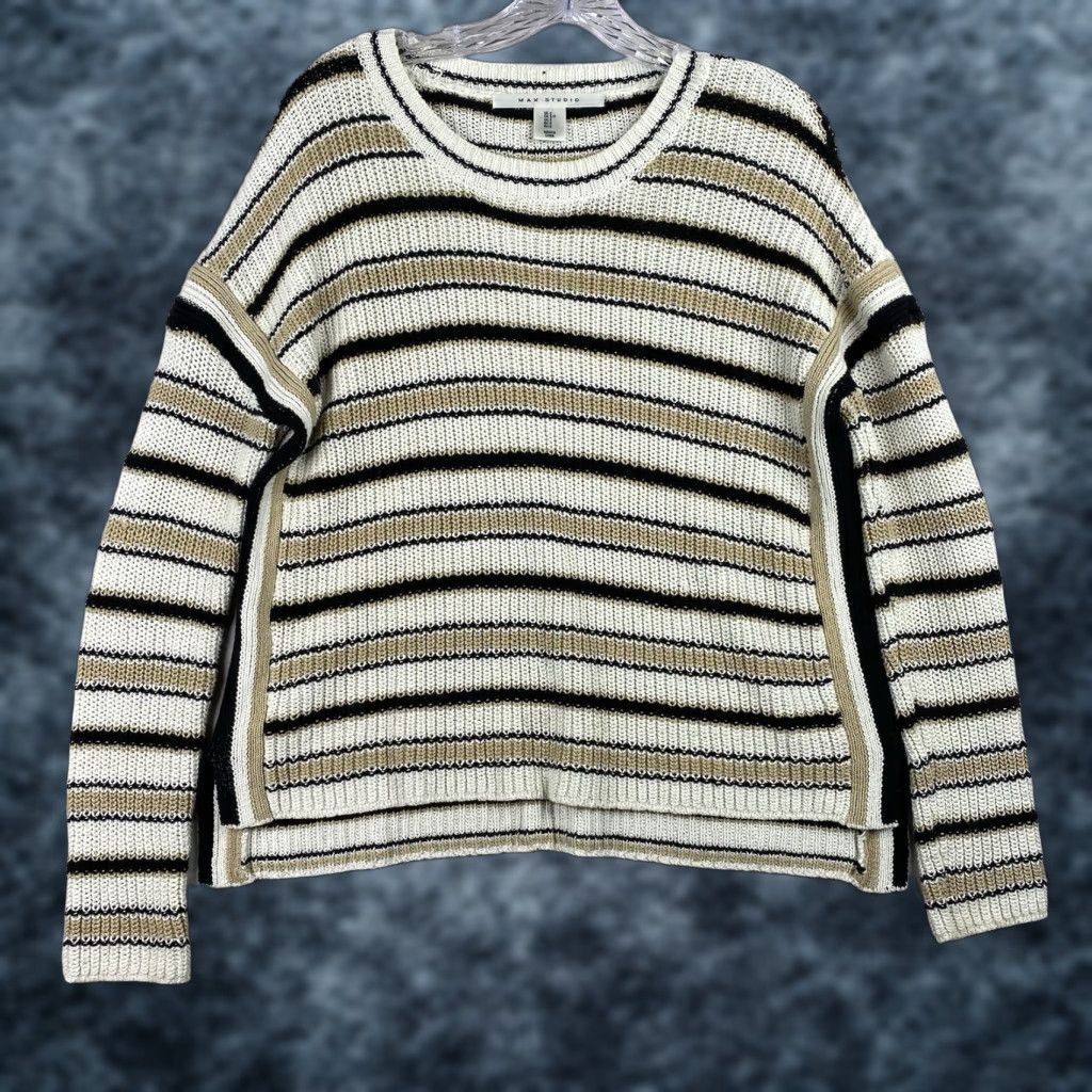 Vintage Max Studio Sweater Womens S Cable-Knit Dolman Sleeve Roll Neck Stripe Pullover Brown Cream Size S / US 4 / IT 40 - 1 Thumbnail