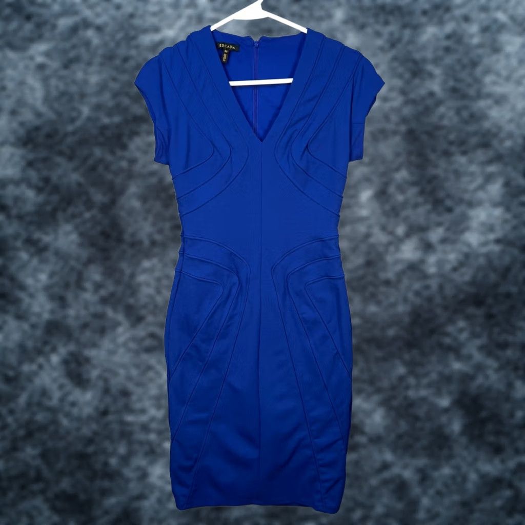 Escada Escada Dress Blue V-Neck Short Sleeve Sheath Size 34 Womens 34 Party Cocktail Knee Length Satin/Viscose 8/10 Size XXS / US 00 / IT 34 - 1 Thumbnail