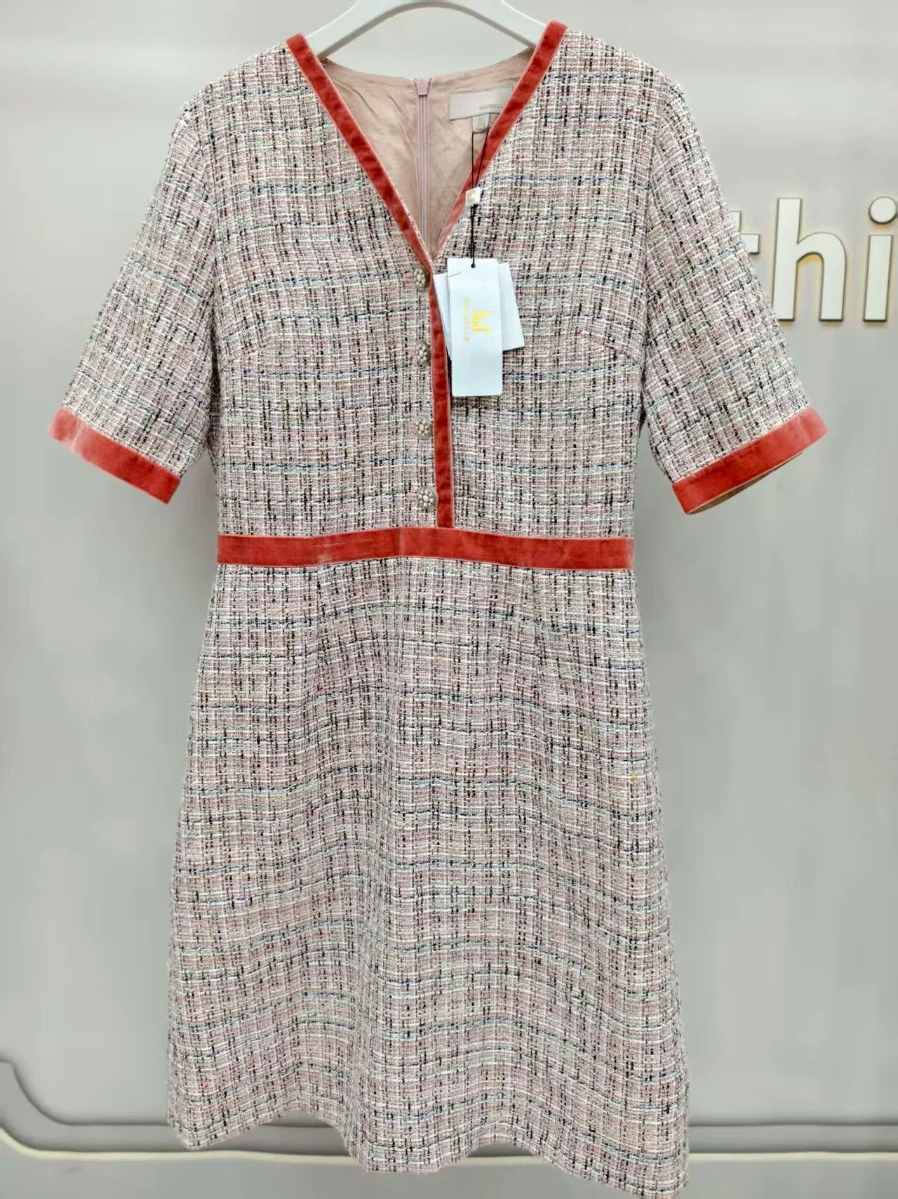 Japanese Brand MOISELLE Women's Tweed Dress with Velvet Accents Size S / US 4 / IT 40 - 1 Thumbnail