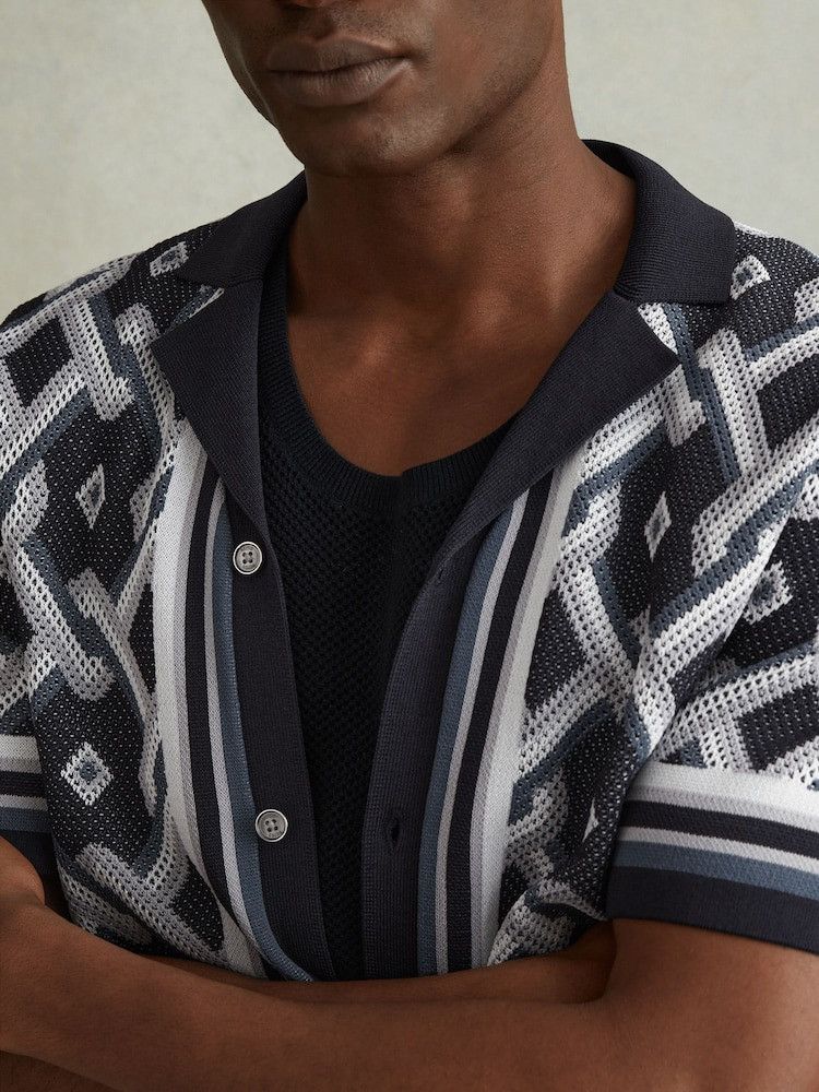 Reiss Reiss Knitted Cuban Collar Shirt in Navy Multi M pullover Size US M / EU 48-50 / 2 - 4 Thumbnail