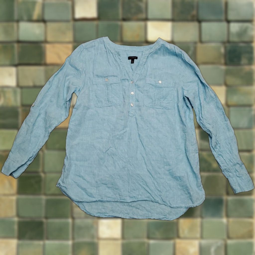 Talbots VINTAGE Talbots Shirt Womens M Blue Linen Band Collar Henley Beach Coastal Top Size M / US 6-8 / IT 42-44 - 1 Thumbnail