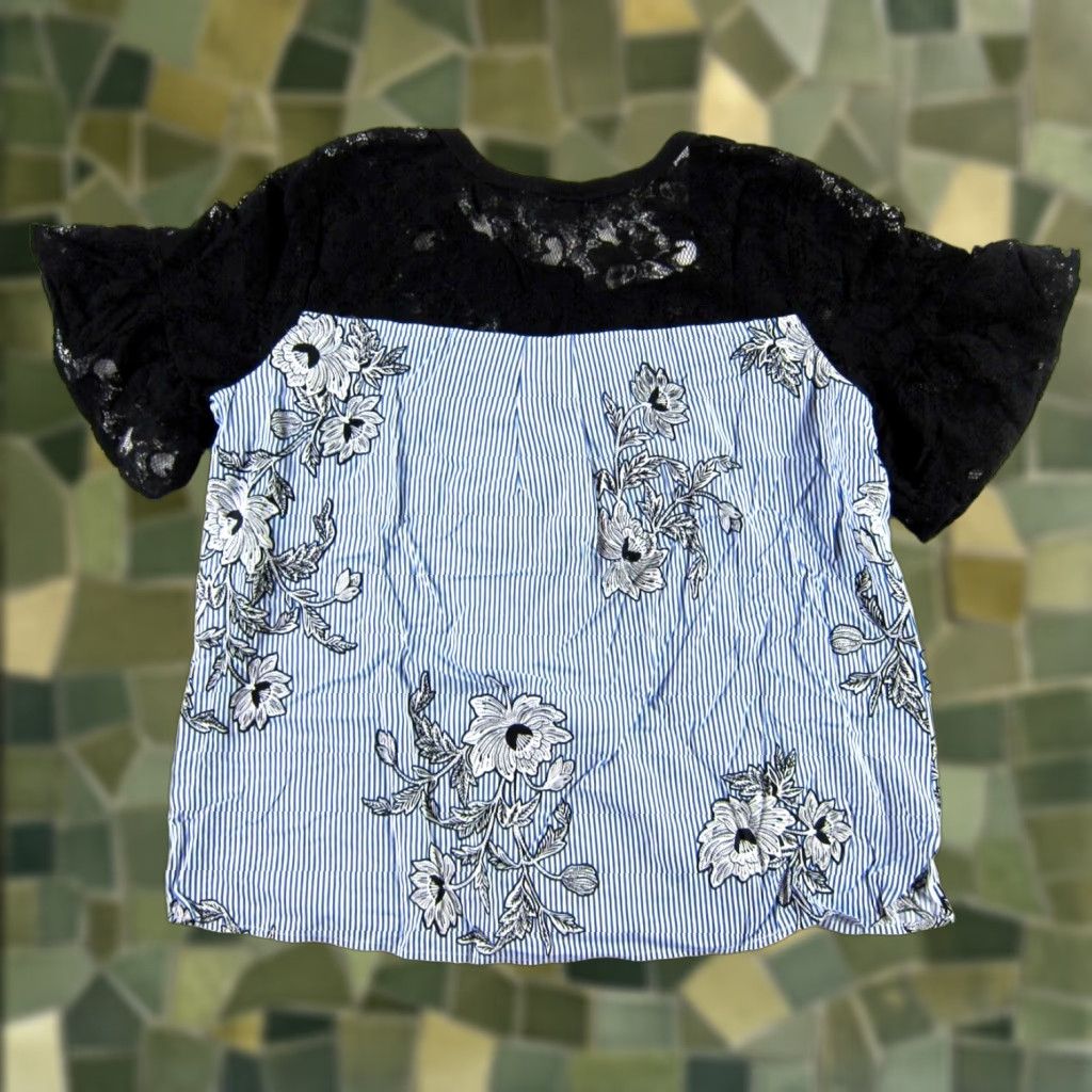Vintage NWT Daniel Rainn Black Lace Floral Blue White Stripe Short Sleeve Blouse XL Size XL / US 12-14 / IT 48-50 - 1 Thumbnail