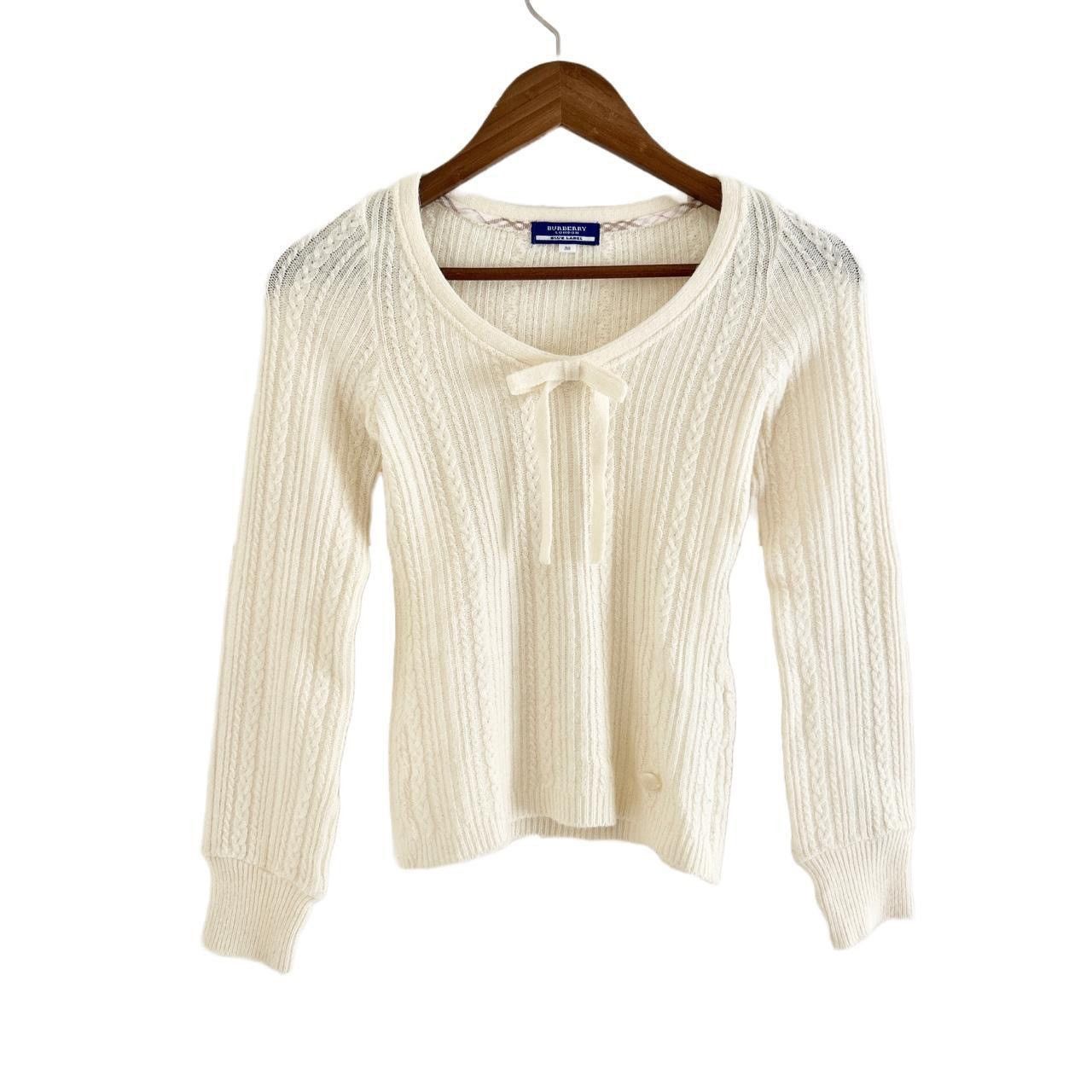 image of Burberry Cable Knit Bow Tie Wool Sweater Nova Check Trim in Ecru, Women's (Size Small)