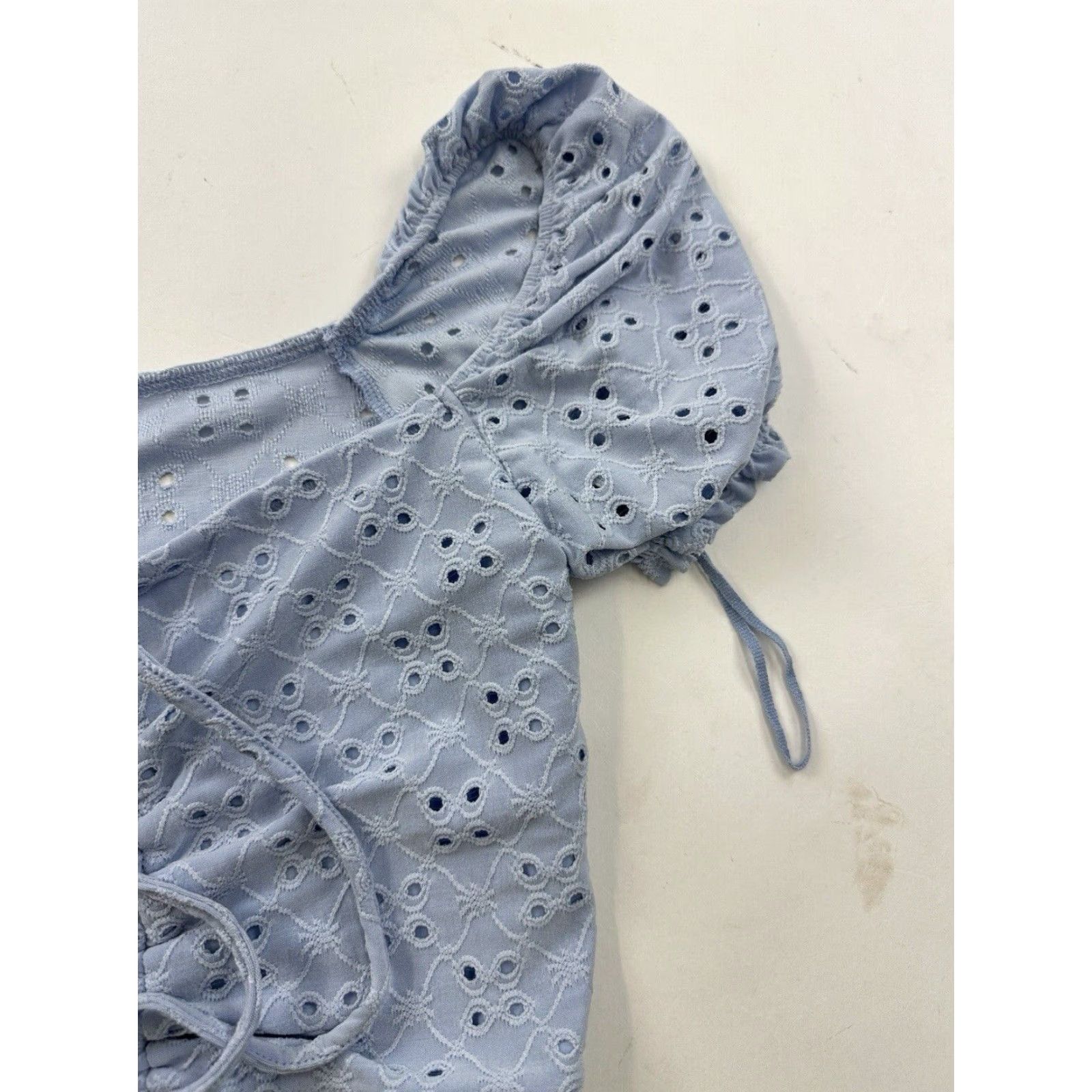 Garage Garage Womens XS Blue Crop Top Embroidered Eyelet Lace Up Short Sleeve, Regular Fit, Cropped Blouse, Spring Summer, Ladies, US Size XS / US 0-2 / IT 36-38 - 4 Thumbnail