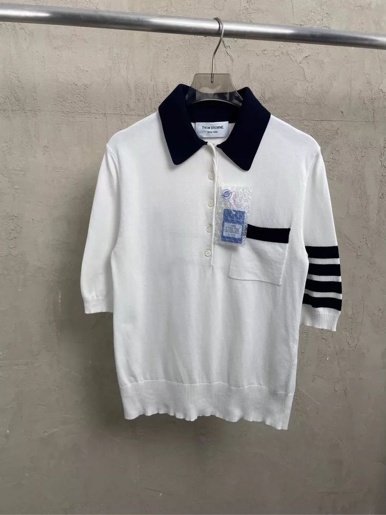 Thom Browne White puppy four stripes Polo collar short sle
