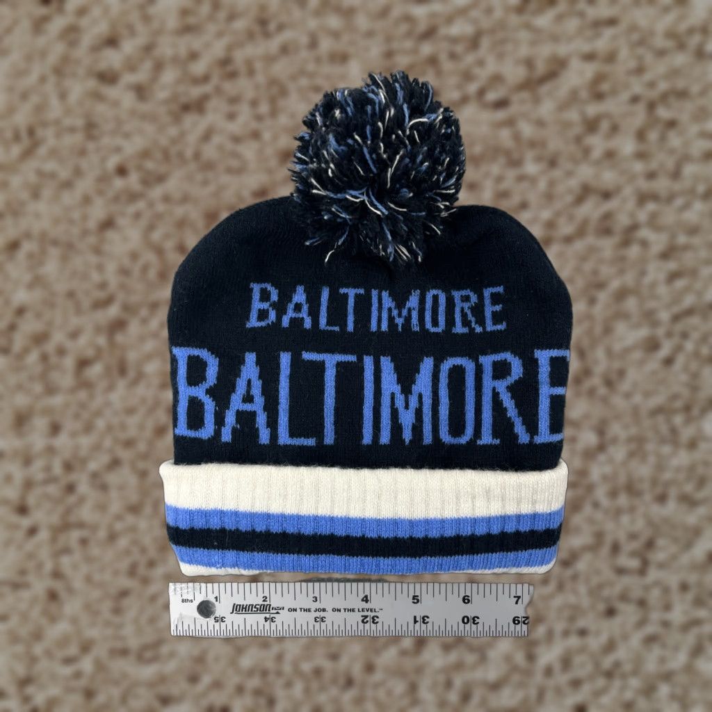 Vintage Baltimore Beanie Toque Adult One Size Blue White Stripe Knit Acrylic Ski Pom Beanie Mens Winter Size ONE SIZE - 1 Thumbnail