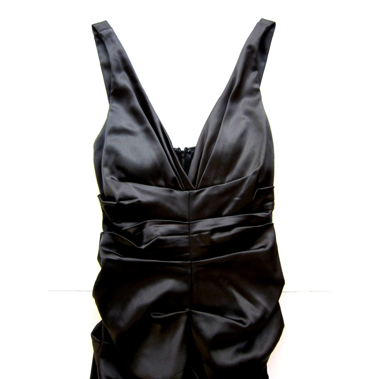 Vintage VINTAGE Xscape Joanna Chen Black Satin Stretch Ruched V-Neck Bodycon Party Prom Dress 8 Size M / US 6-8 / IT 42-44 - 4 Thumbnail